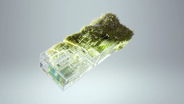 A surreal image depicting a futuristic, transparent rectangular device that appears biodegradable