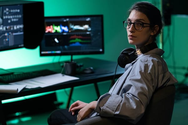 A woman wearing glasses with headphones resting around her neck is sitting in front of a computer workstation